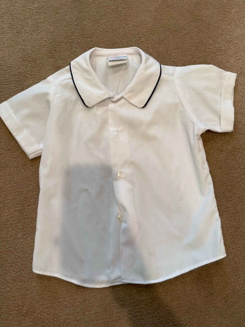 Kids Short-Sleeve White Button-Down Shirt with Navy Trim